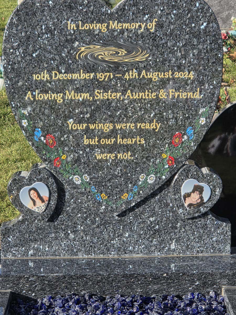 Heart headstone detail. Blue Pearl.